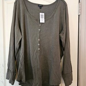 Torrid Women's Cotton Pointelle Long Sleeve Henley Button Shirt - Dark Forest